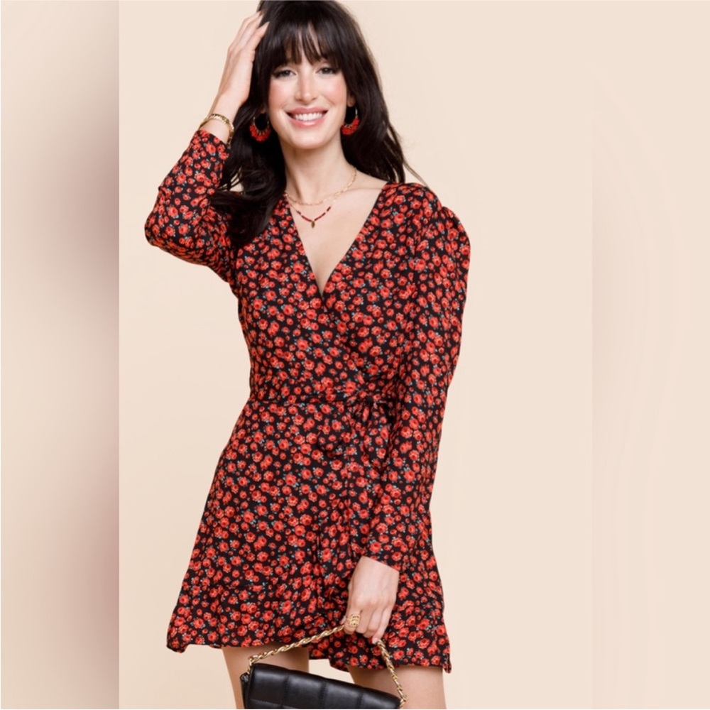 Francesca's Miami Rose-Printed Wrap Mini Dress